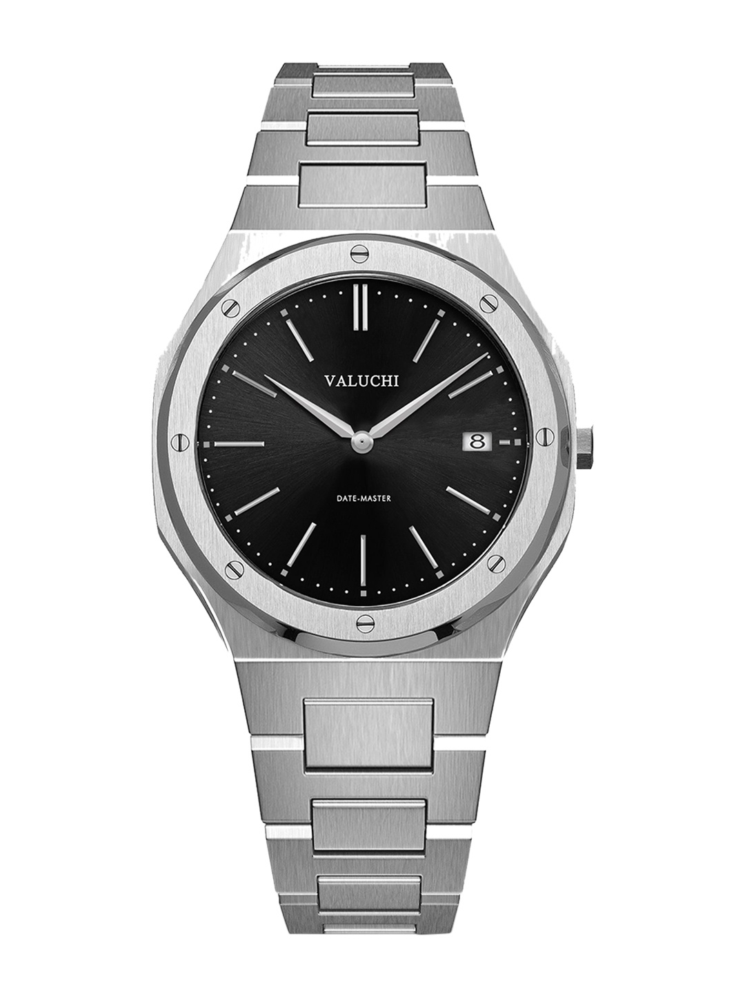 

Valuchi Men Black Dial & Silver Toned Stainless Steel Bracelet Style Straps Analogue Motion Powered Watch