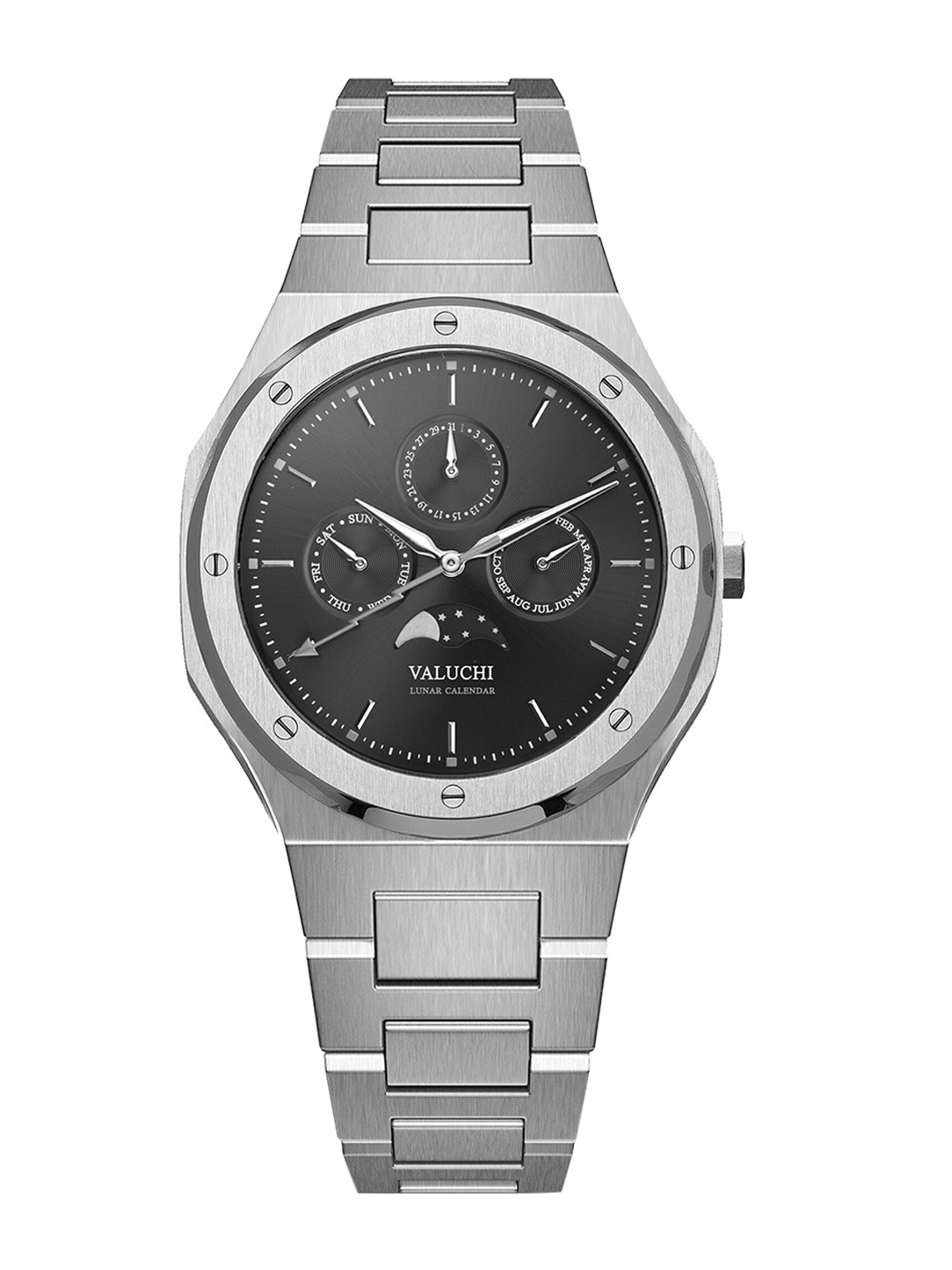 

Valuchi Men Black Dial & Silver Toned Stainless Steel Bracelet Style Straps Analogue Motion Powered Watch