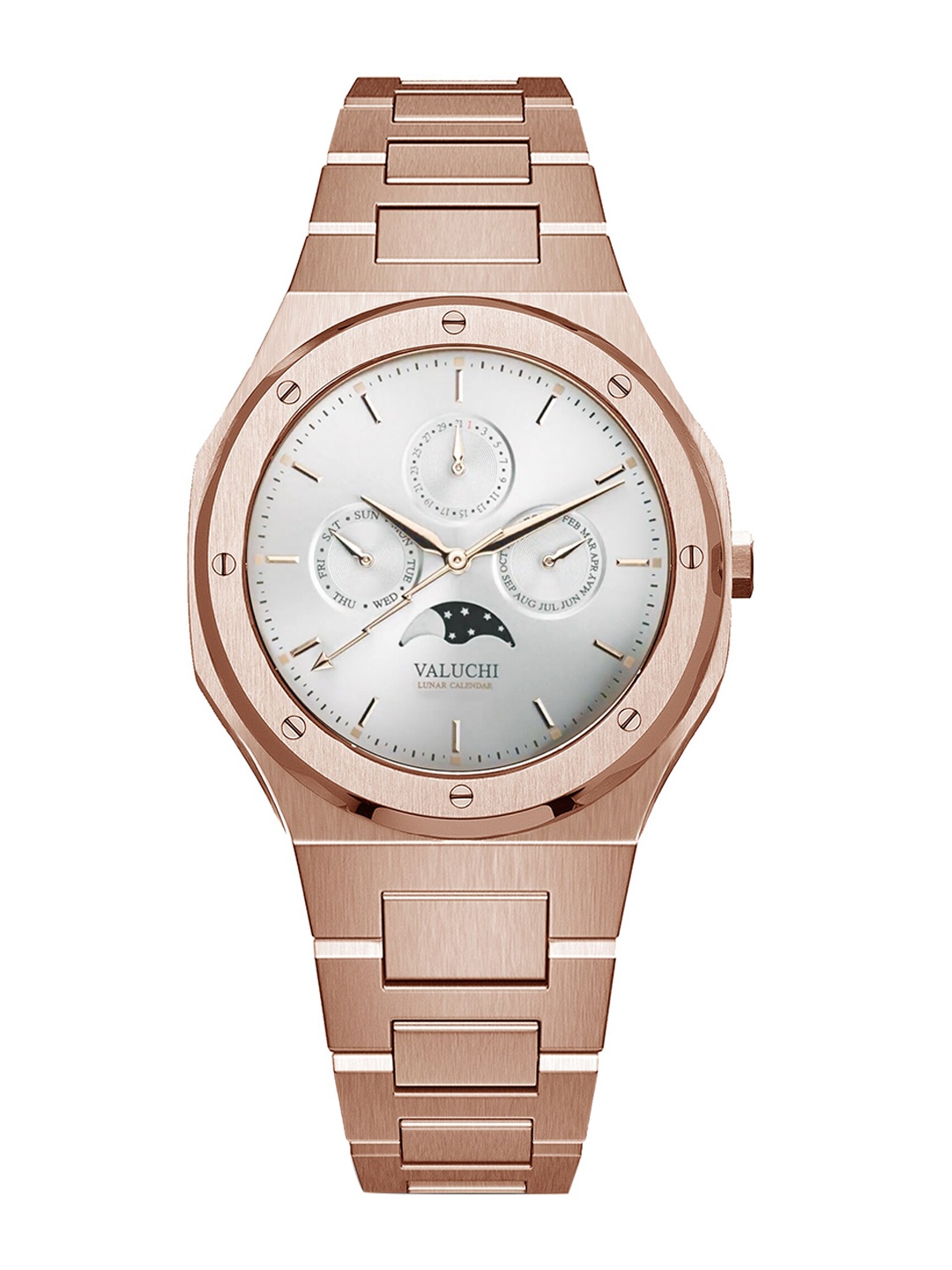 

Valuchi Men Silver-Toned Dial & Rose Gold Toned Stainless Steel Bracelet Style Straps Analogue Motion Watch