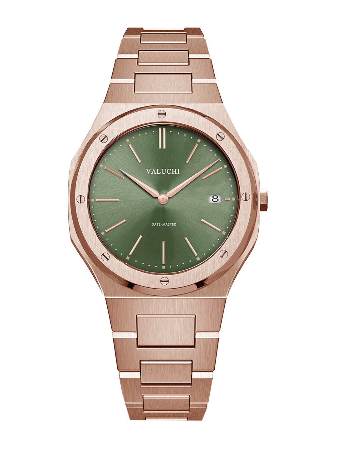 

Valuchi Men Green Dial & Rose Gold Toned Stainless Steel Bracelet Style Straps Analogue Motion Powered Watch