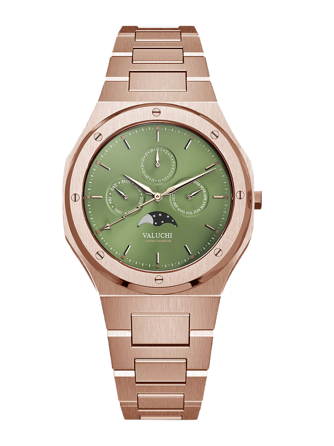 

Valuchi Men Green Dial & Rose Gold Toned Stainless Steel Bracelet Style Straps Analogue Motion Powered Watch