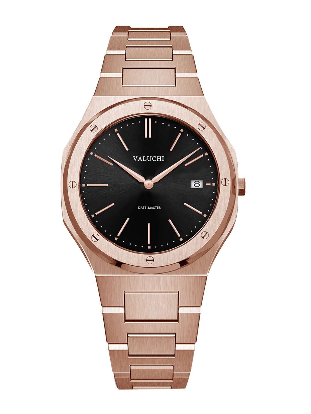 

Valuchi Men Black Dial & Rose Gold Toned Stainless Steel Bracelet Style Straps Analogue Motion Powered Watch