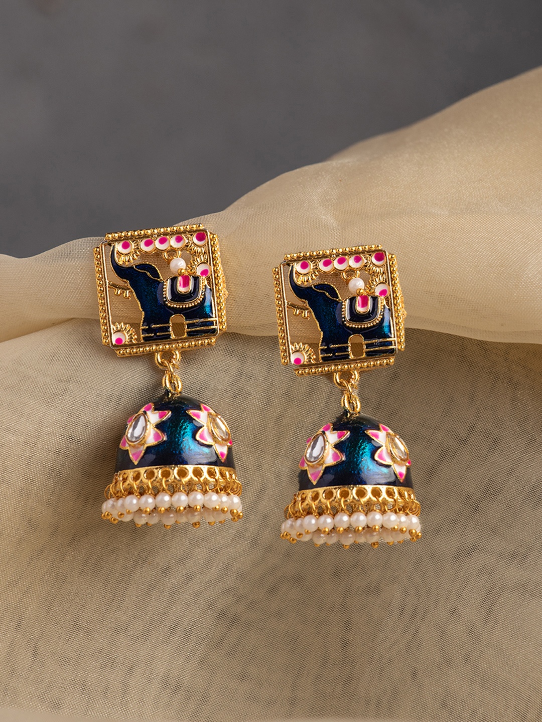 

Ozanoo Women Gold-Toned Meenakari Elephant Golden Kundan Big Jhumkas Earrings