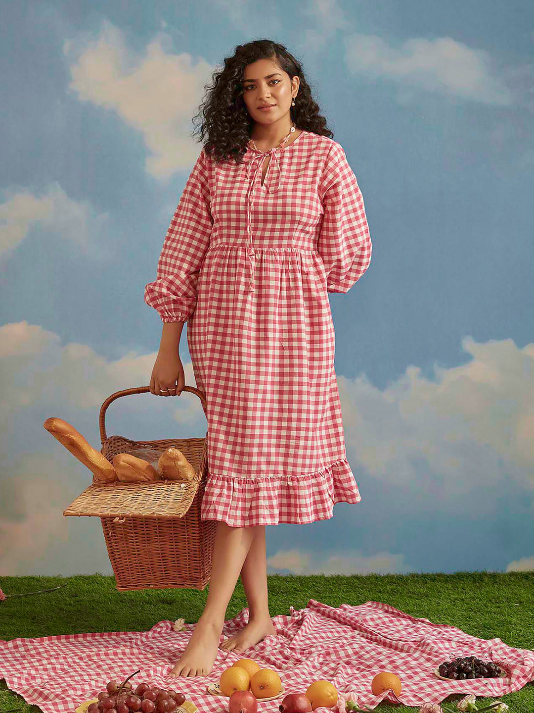 

THE CLOTHING FACTORY Pink Checked Cotton Tie-Up Neck A-Line Dress