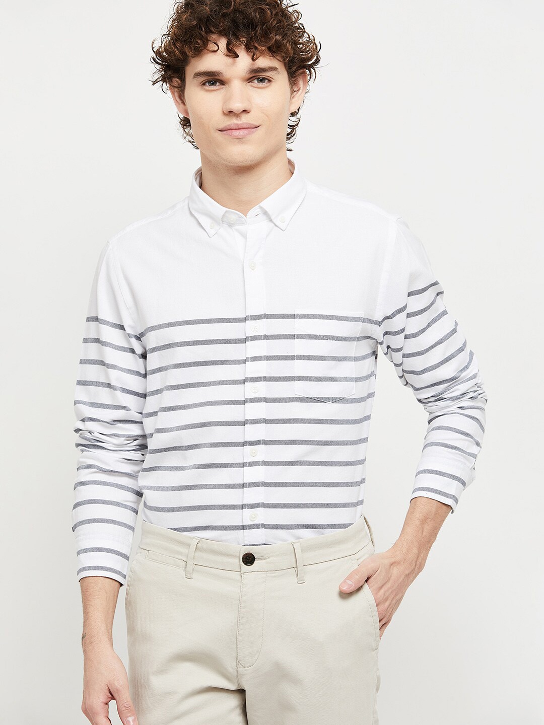 

max Men White Horizontal Stripes Striped Casual Shirt