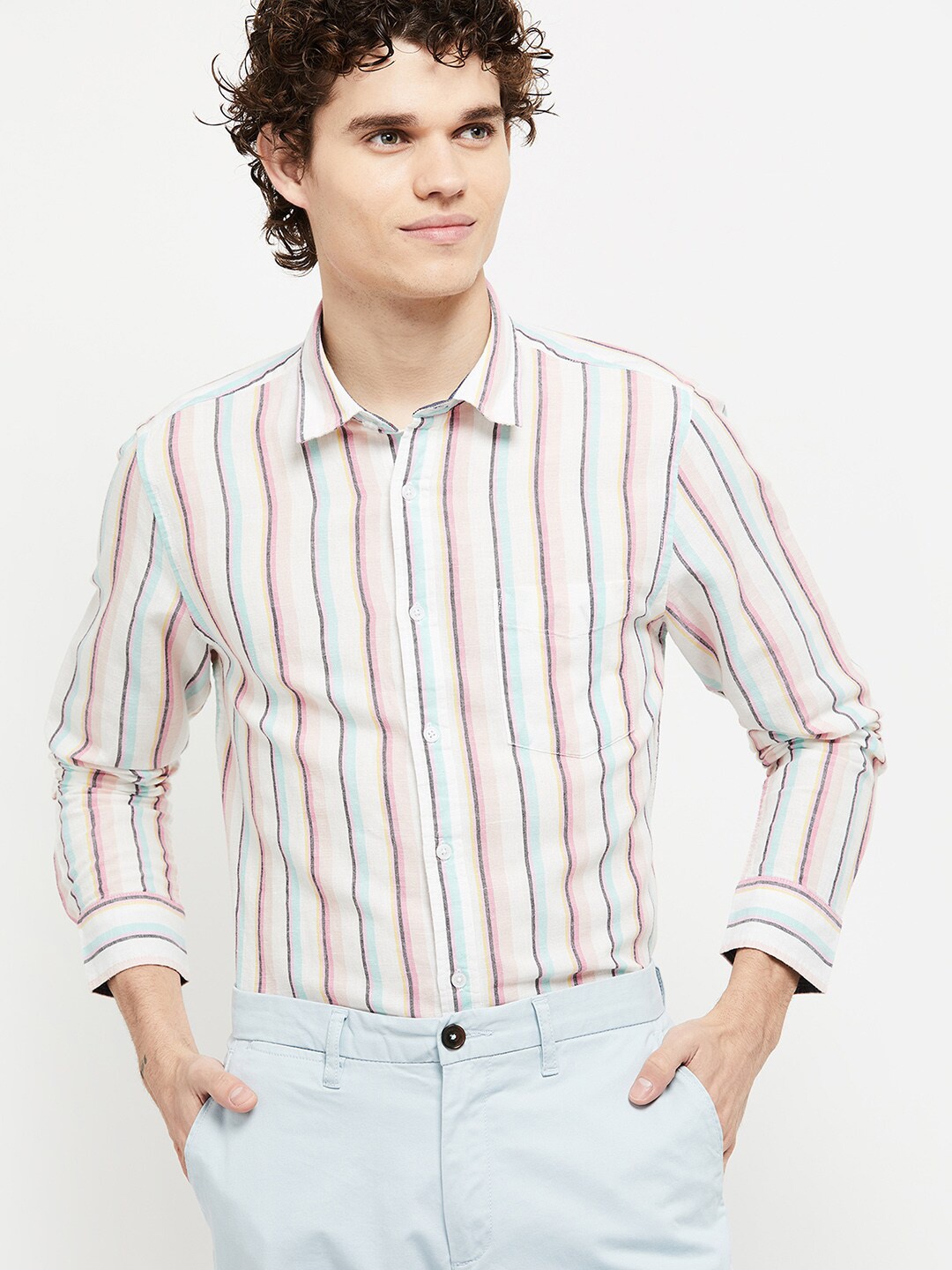 

max Men Orange Striped Casual Shirt