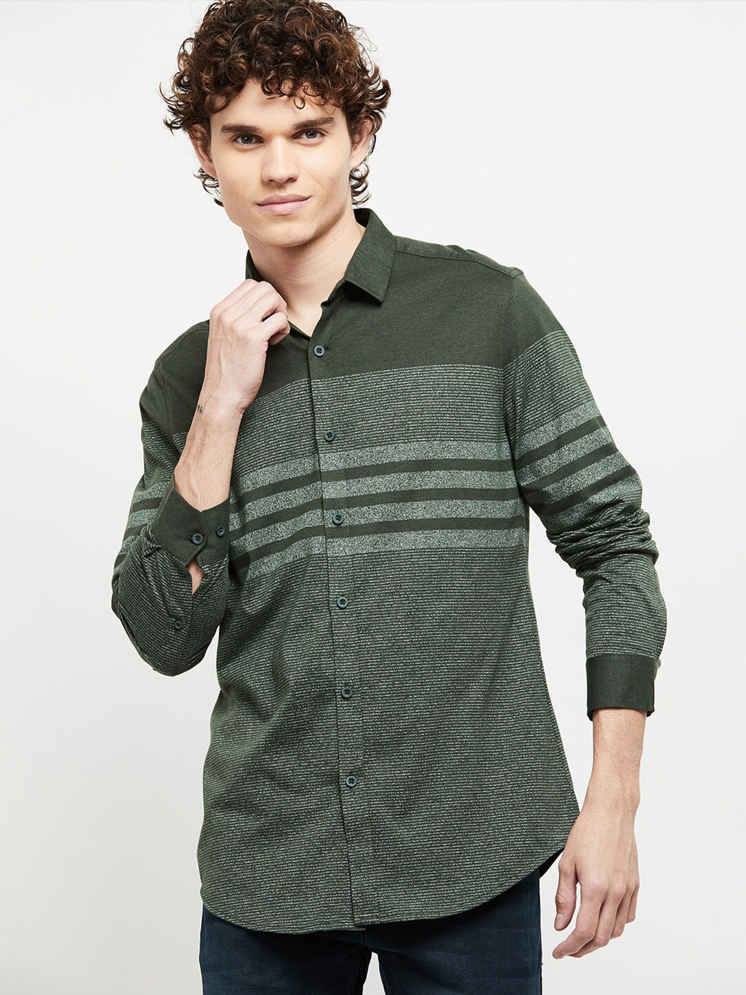 

max Men Green Horizontal Stripes Striped Casual Shirt