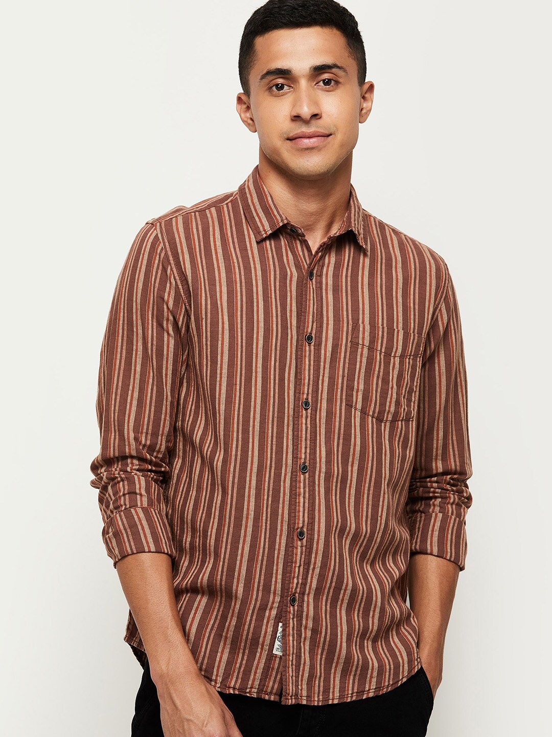 

max Men Brown Striped Casual Shirt