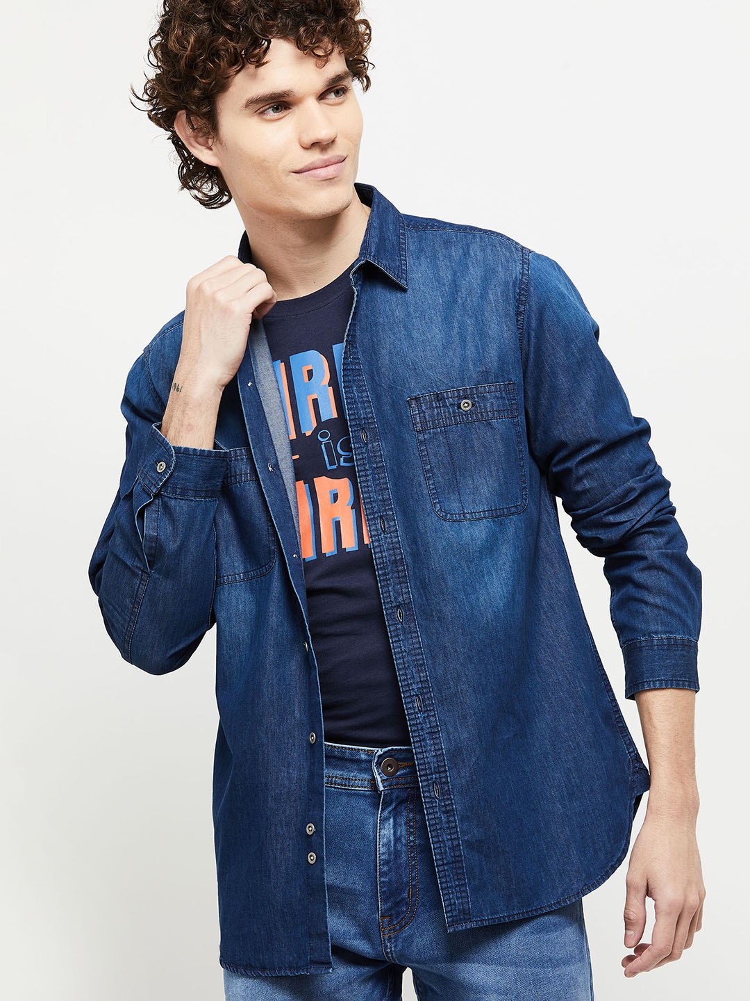 

max Men Blue Faded Casual solid Shirt