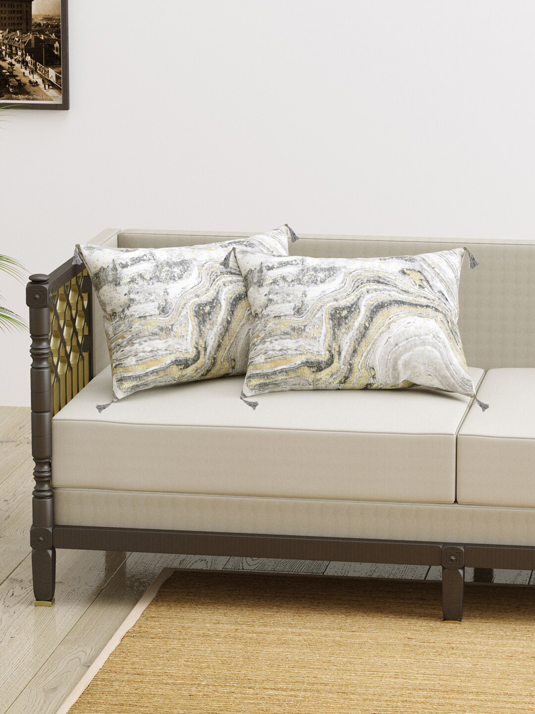 

Gulaab Jaipur Pack Of 2 White & Grey Abstract Rectangle Cushion Covers