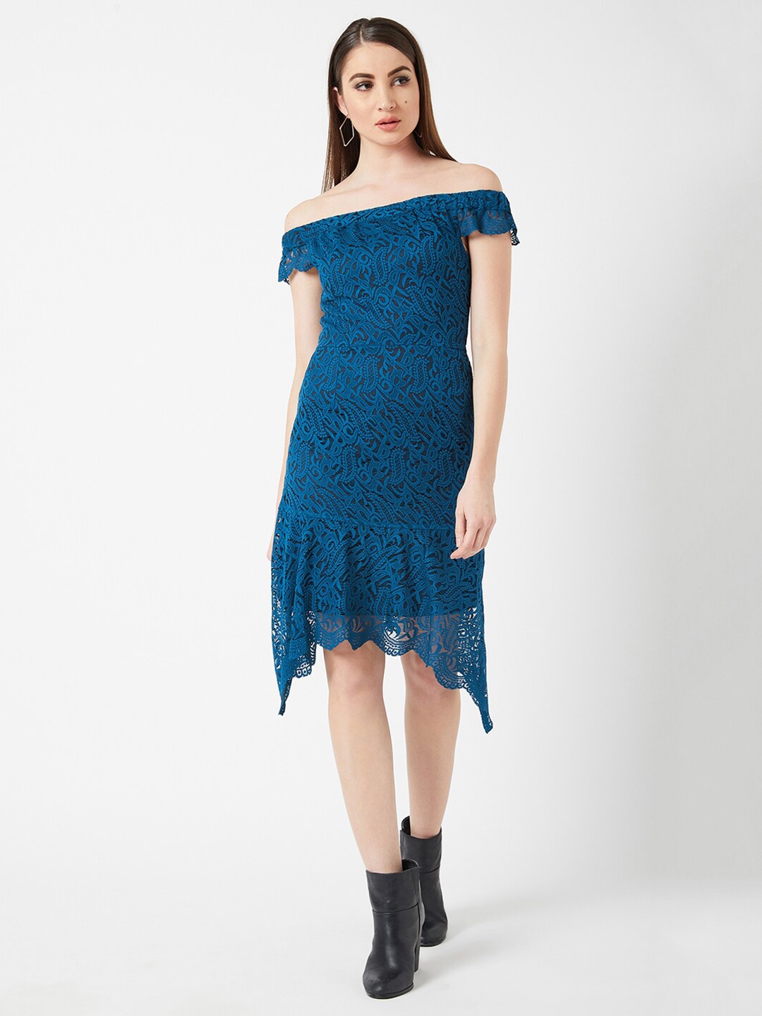 

Miss Chase Women Teal Off-Shoulder Lace Sheath Dress