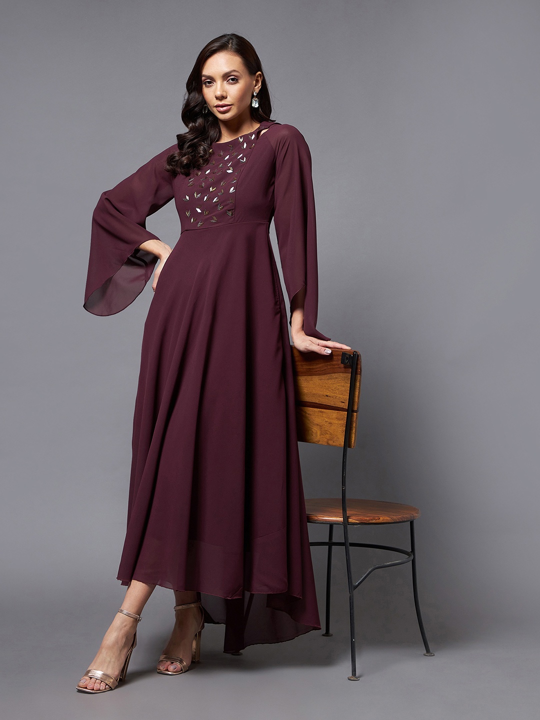 

Miss Chase Maroon Georgette Maxi Dress