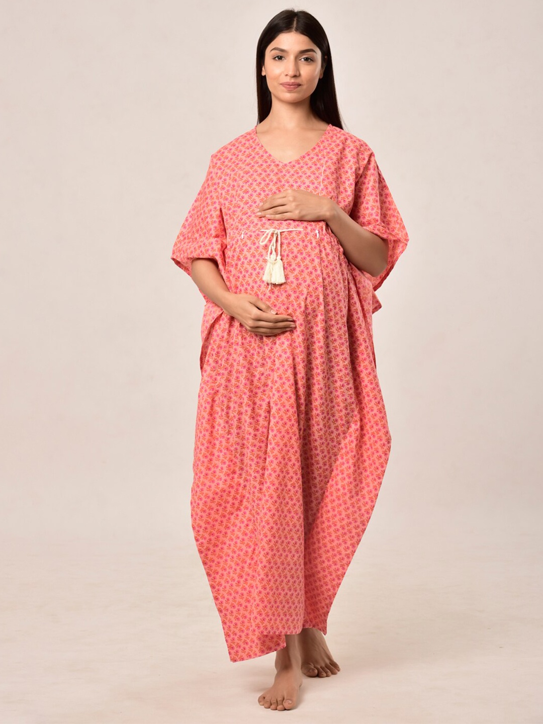 

CRAFIQA Women Peach Printed Pure Cotton Maternity & Nursing Kaftan Maxi Nightdress