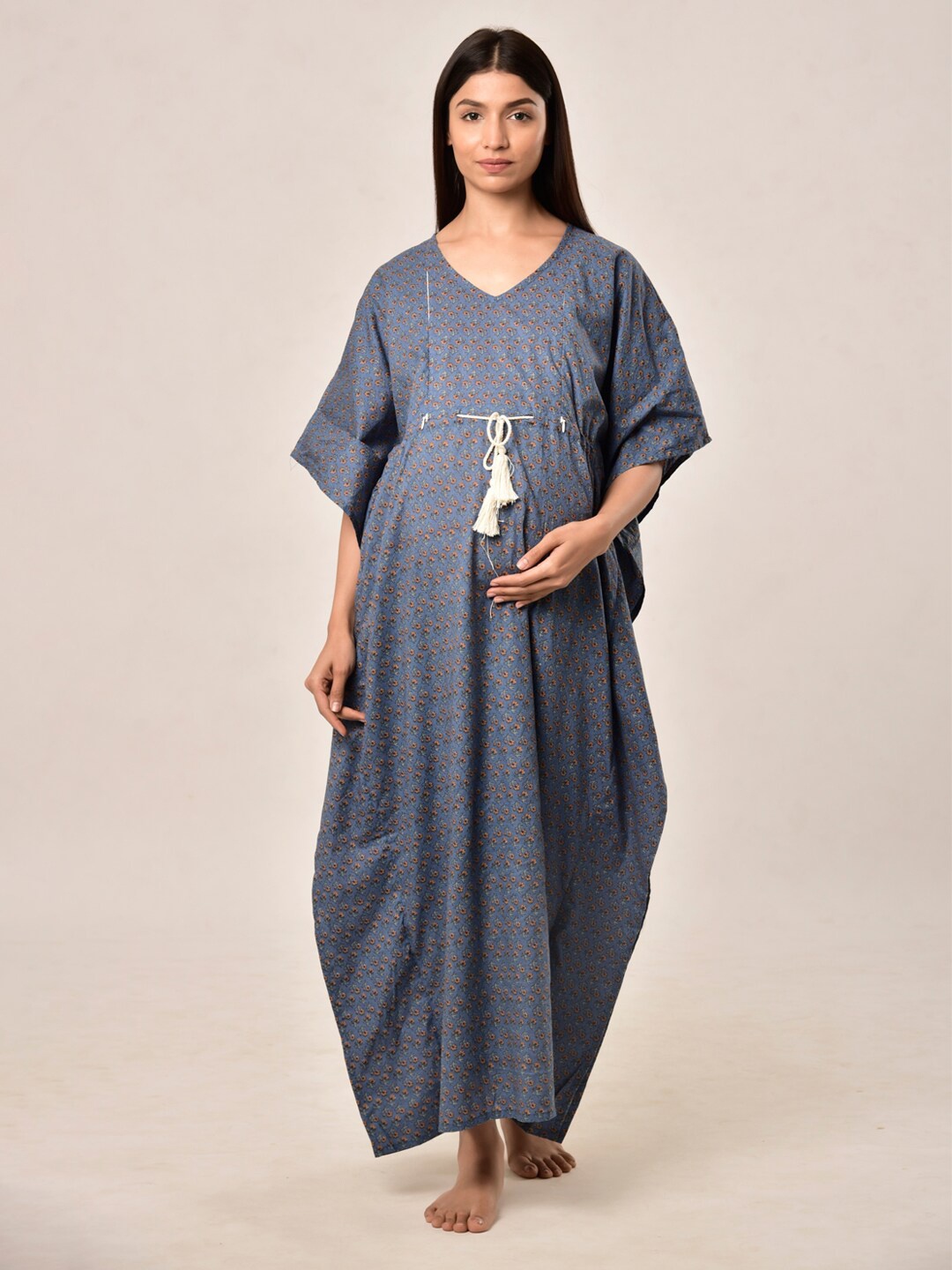 

CRAFIQA Women Blue Printed Pure Cotton Maternity & Nursing Kaftan Maxi Nightdress