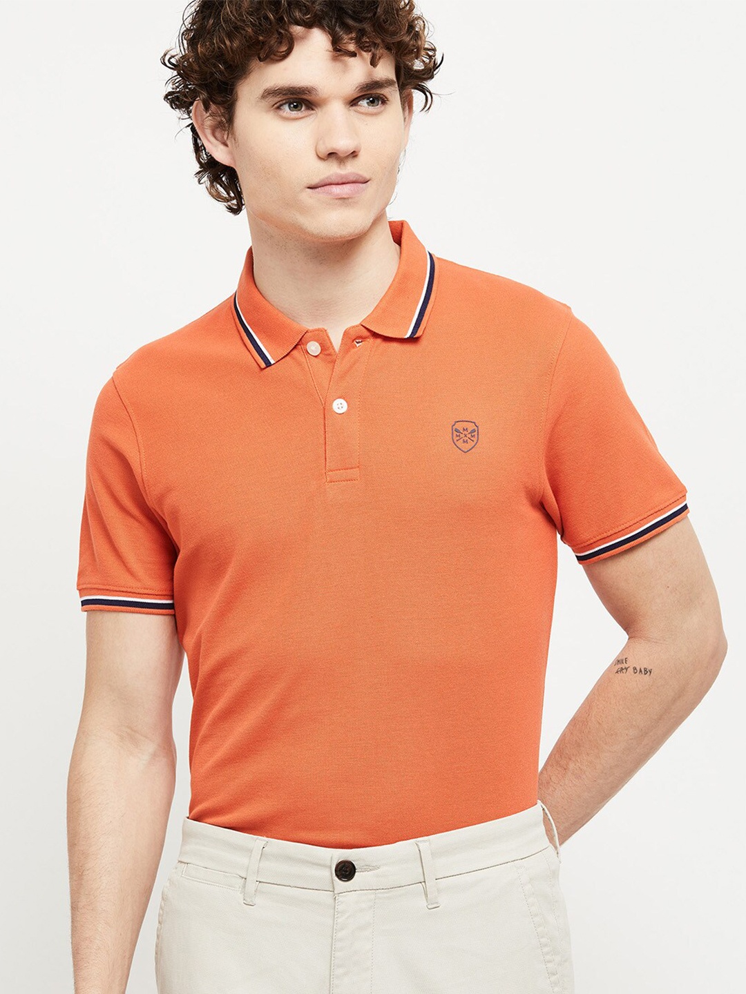 

max Men Orange Polo Collar Cotton T-shirt