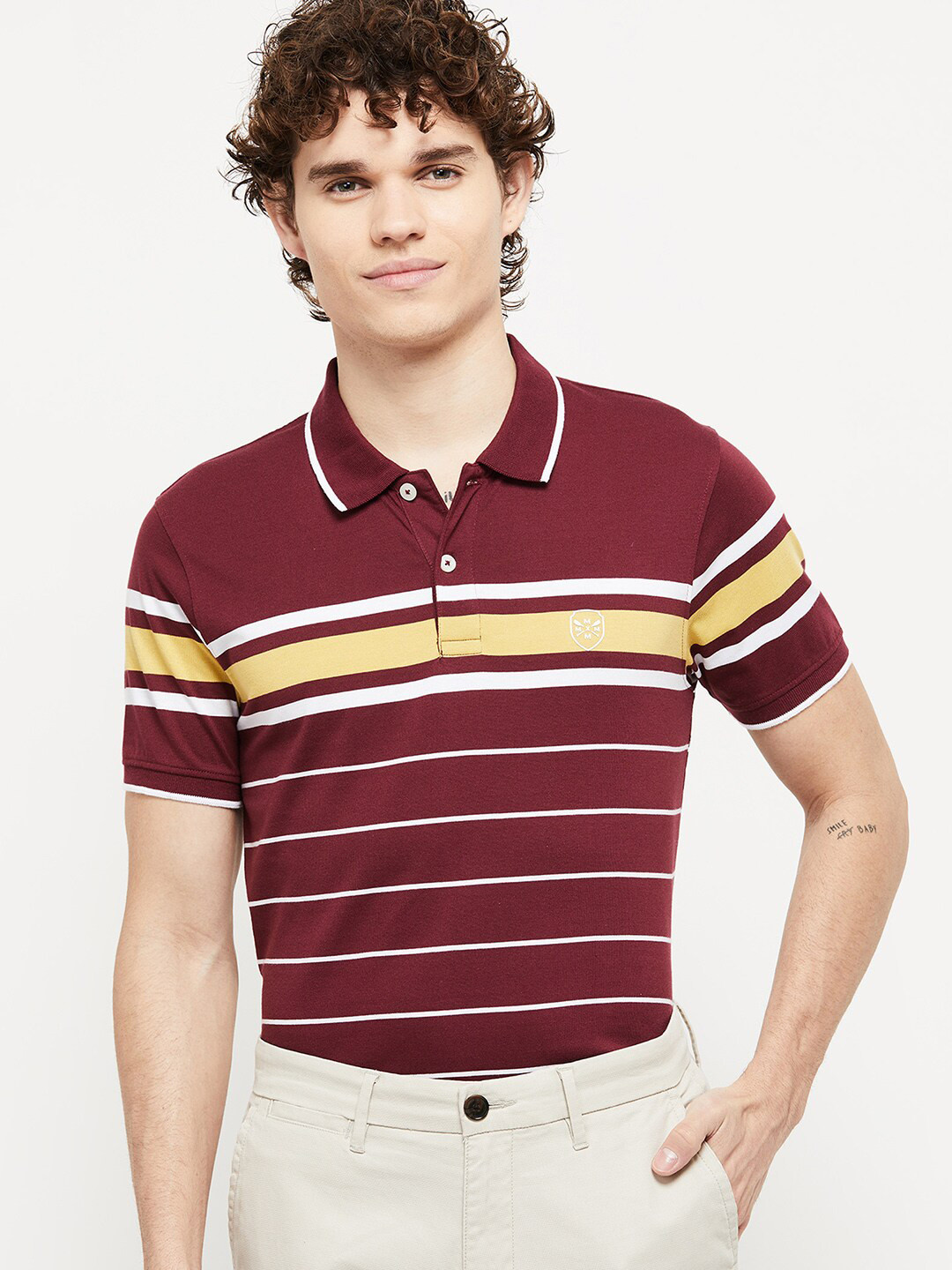 

max Men Maroon & White Striped Polo Collar T-shirt