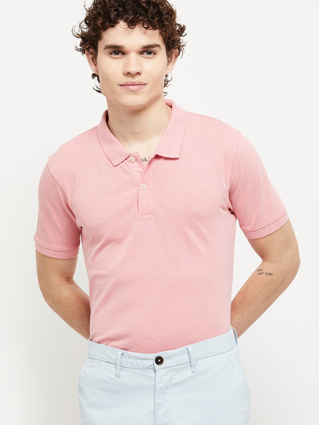 

max Men Pink Polo Collar Cotton T-shirt