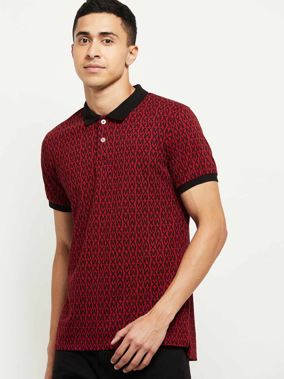 

max Men Red & Black Typography Printed Polo Collar T-shirt