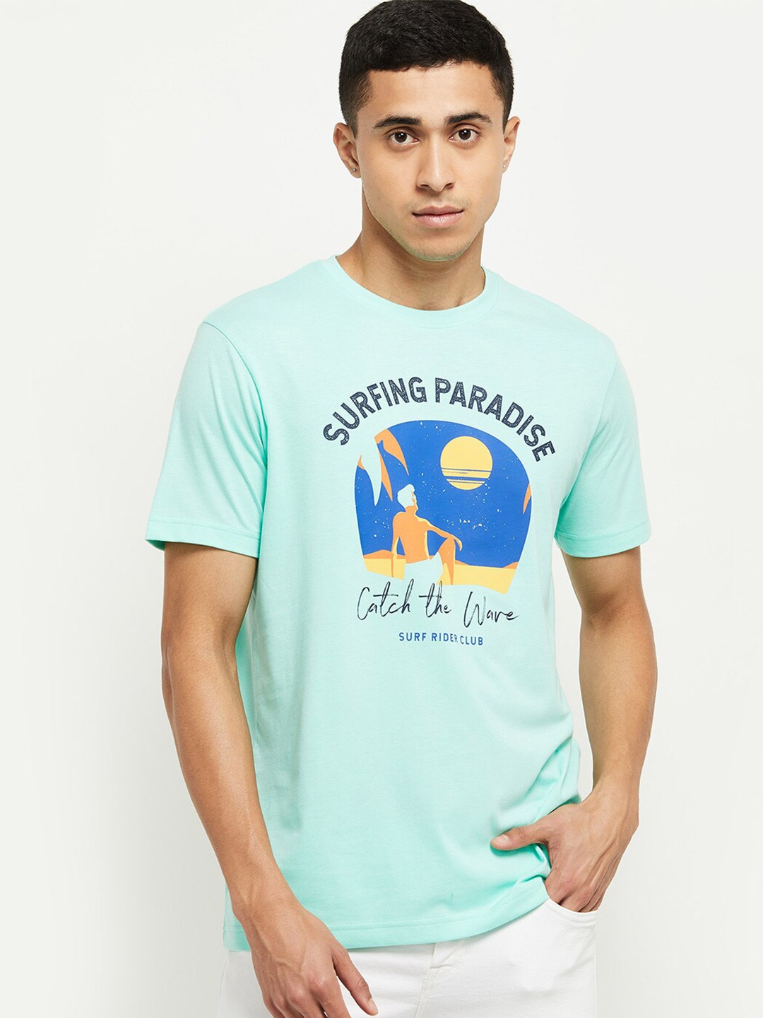 

max Men Sea Green Printed Pure Cotton T-shirt