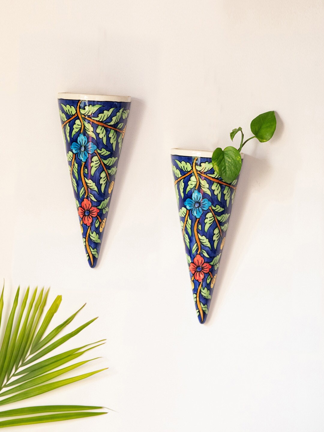 

ExclusiveLane Set Of 2 Floral Cones Multi-Colored Ceramic Wall Planters