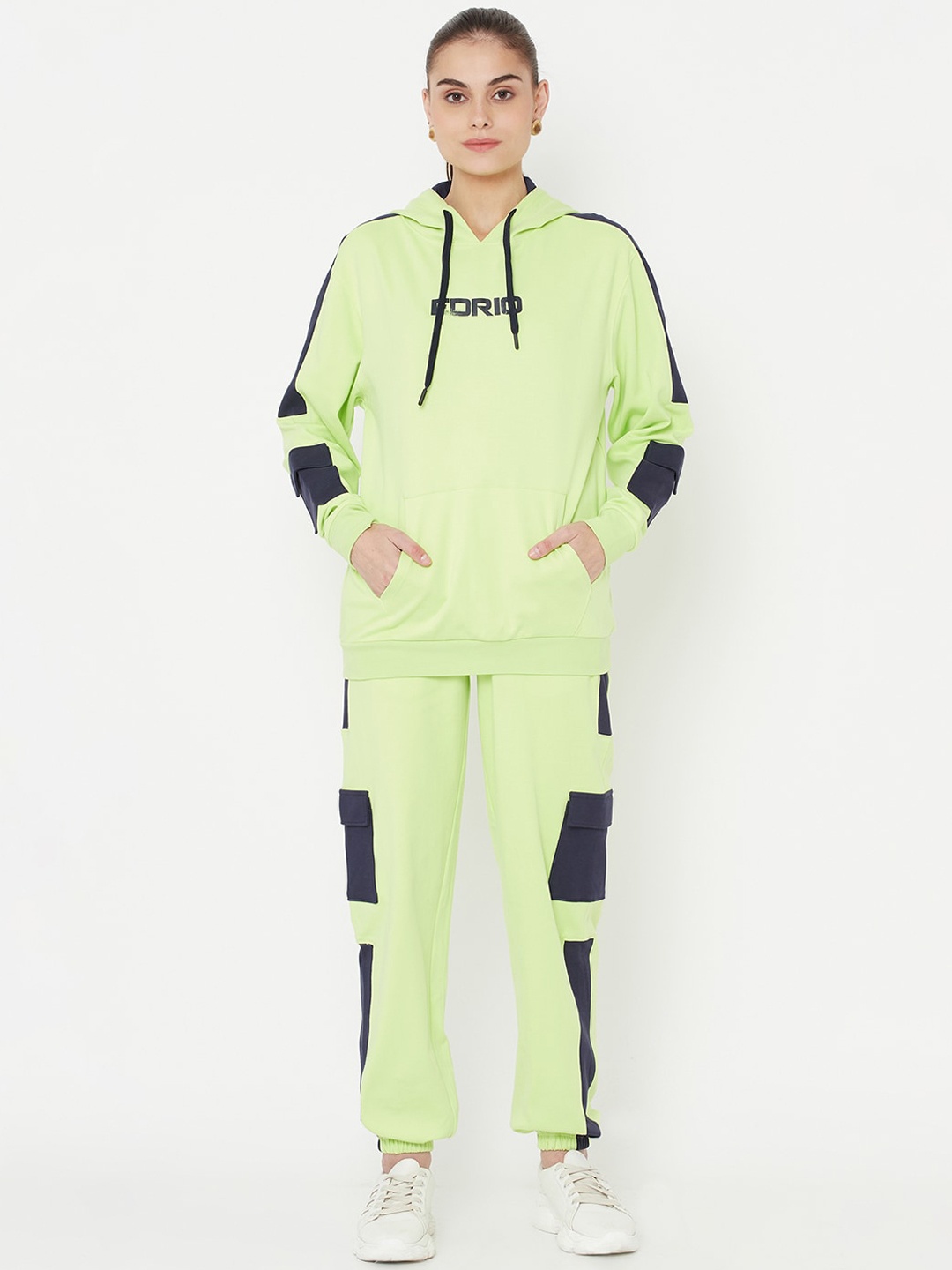 EDRIO Women Lime Green & Navy Blue Colourblocked Cotton Tracksuit