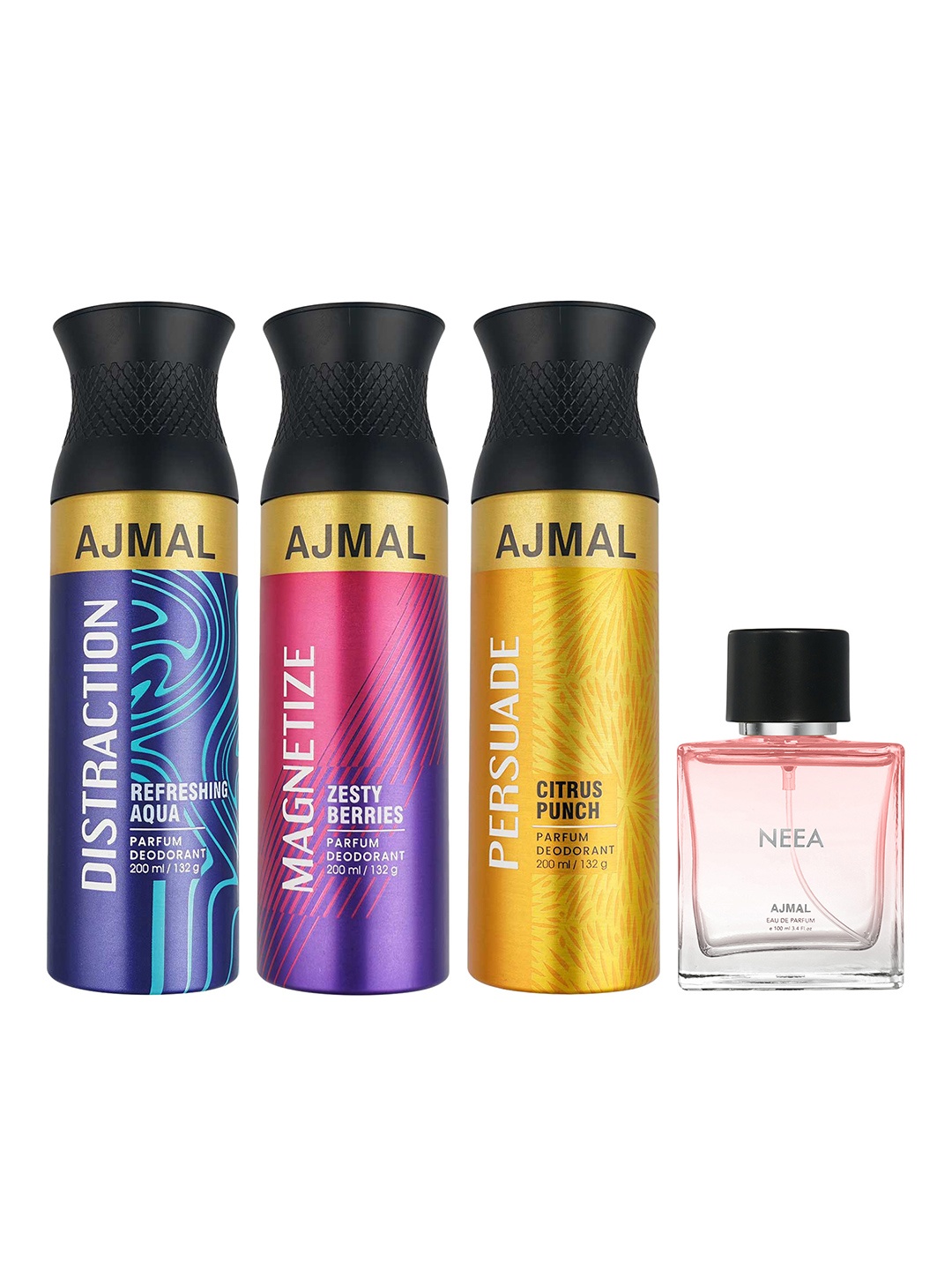 

Ajmal Set of Neea EDP 20 ml & 3 Parfum Deodorant 200 ml Each, Yellow