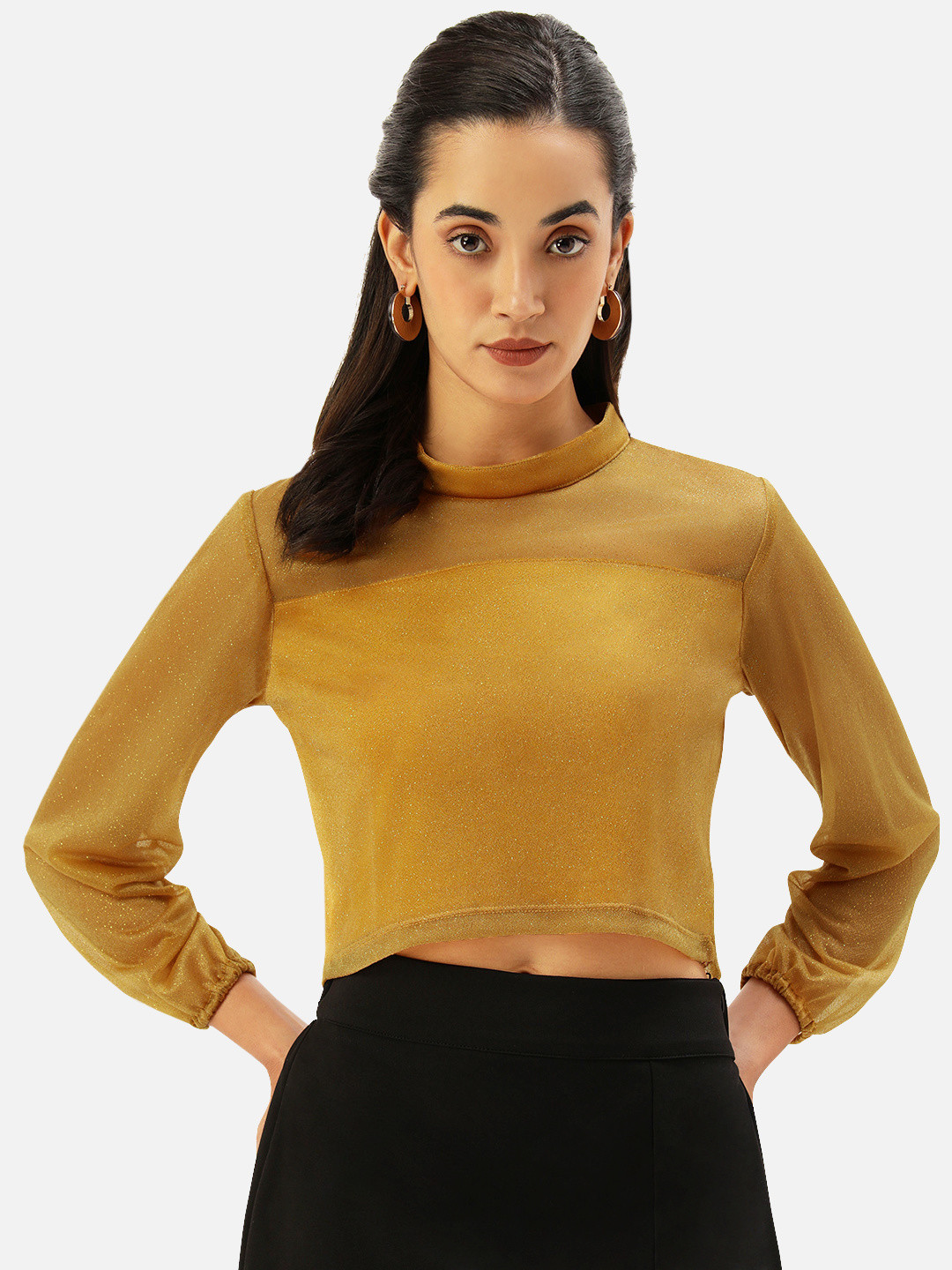 

Martini Mustard Yellow Embellished Bishop Sleeves Sheen Crop Top