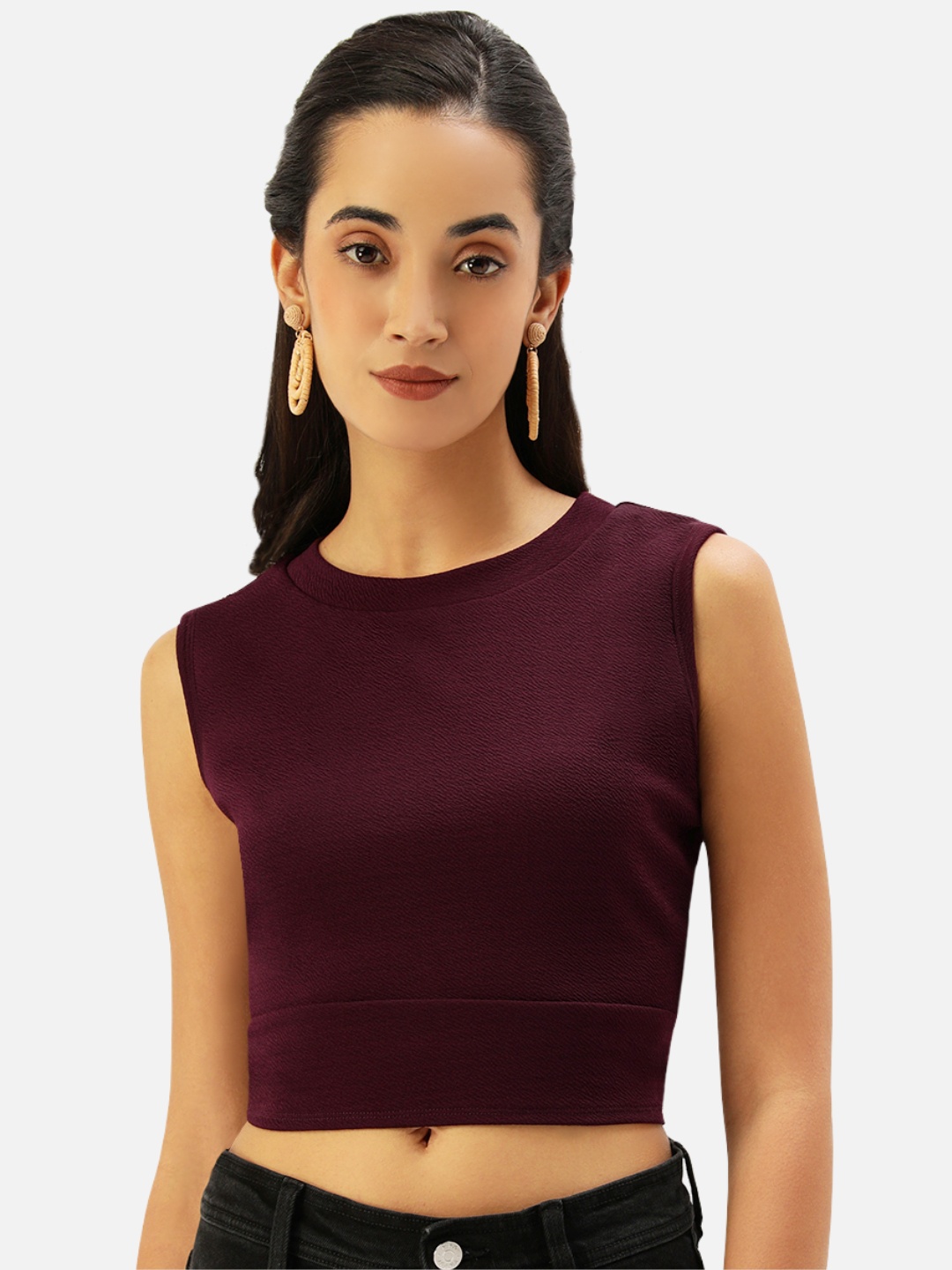 

Martini Burgundy Solid Scuba Styled Back Crop Top