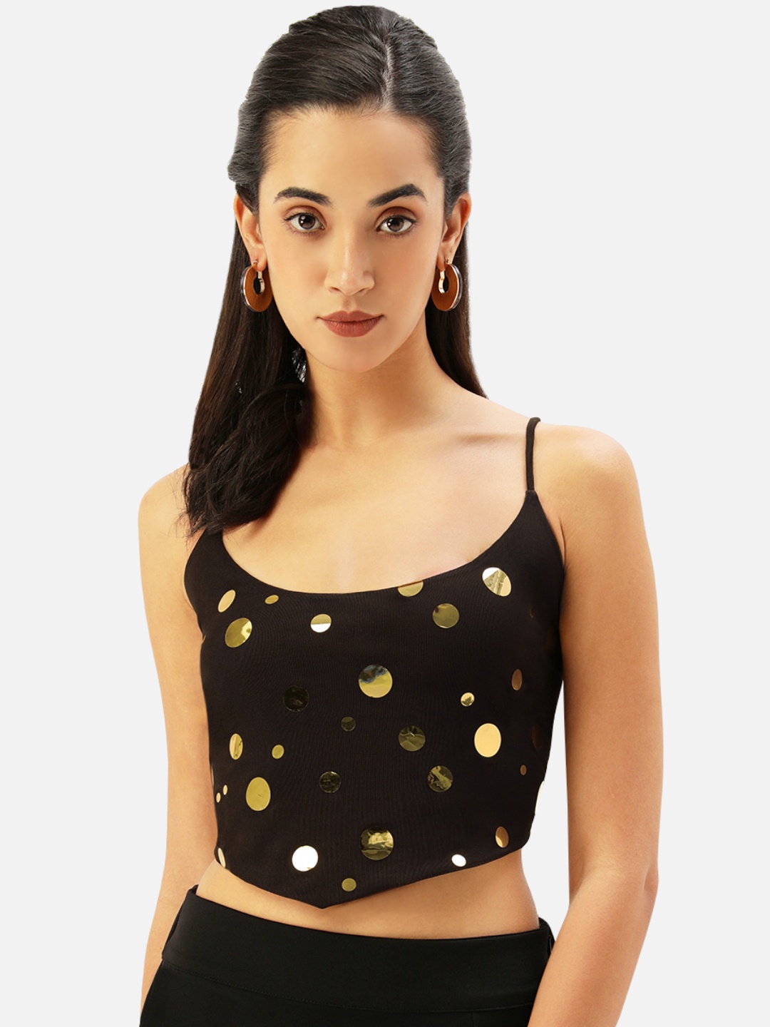 

Martini Brown & Gold-Toned Embellished Net Styled Back Crop Top