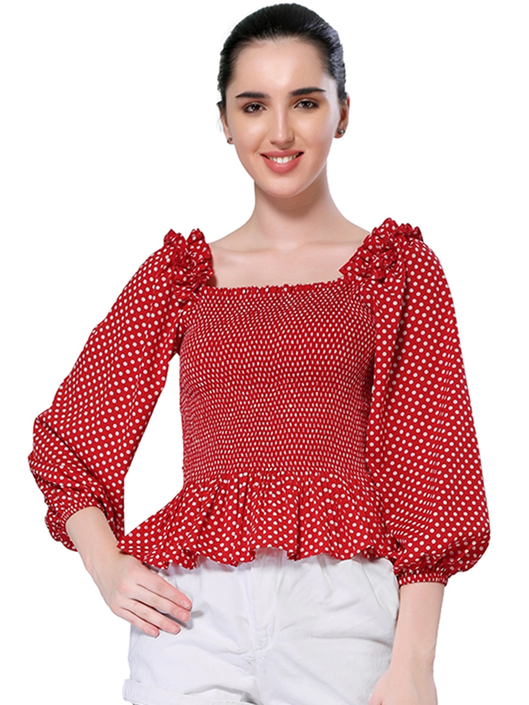 

ZINNIA Red & White Printed Crepe Cinched Waist Top