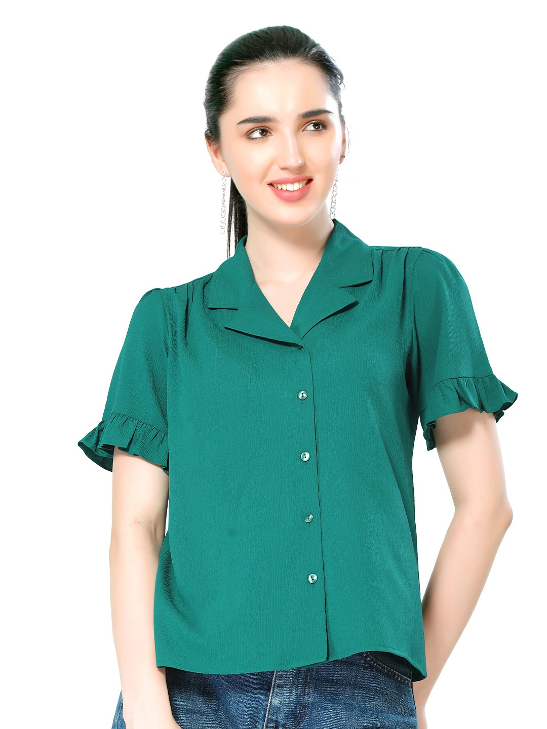 

ZINNIA Women Green Solid Crepe Shirt Style Top