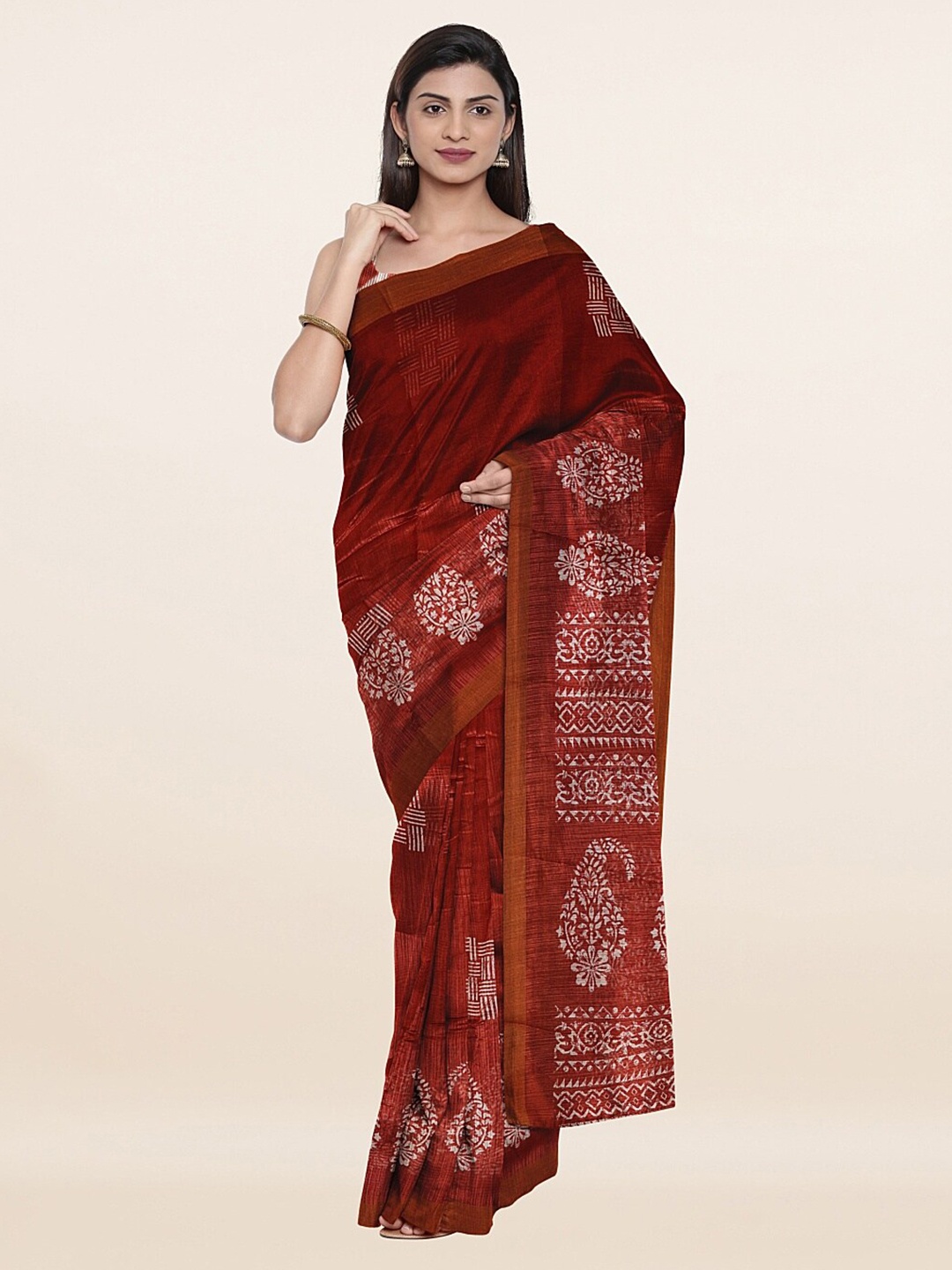 

Pothys Maroon & White Ethnic Motifs Zari Saree