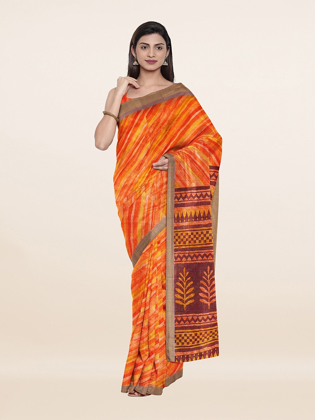 

Pothys Orange & Red Floral Printed Zari Saree