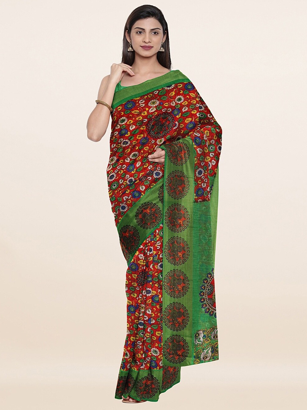 

Pothys Red & Gold-Toned Floral Cotton Blend Zari Saree