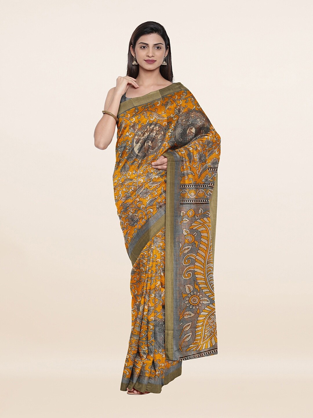 

Pothys Yellow & Olive Green Cotton Blend Floral Saree