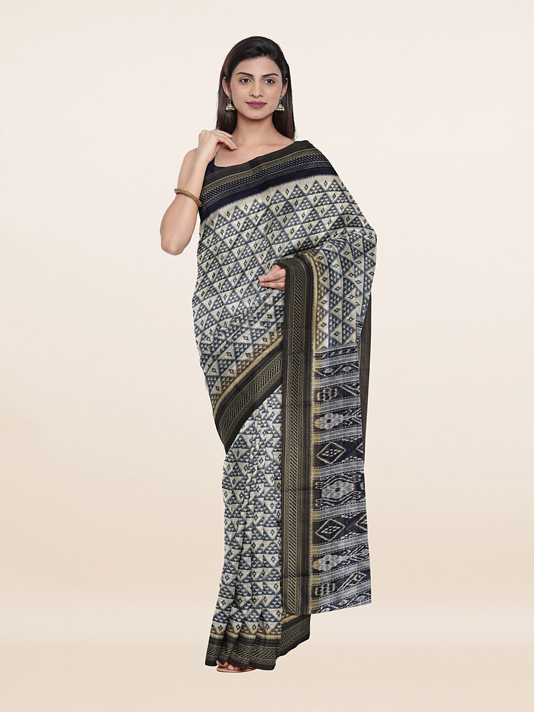 

Pothys Cream-Coloured & Gold-Toned Ethnic Motifs Zari Saree