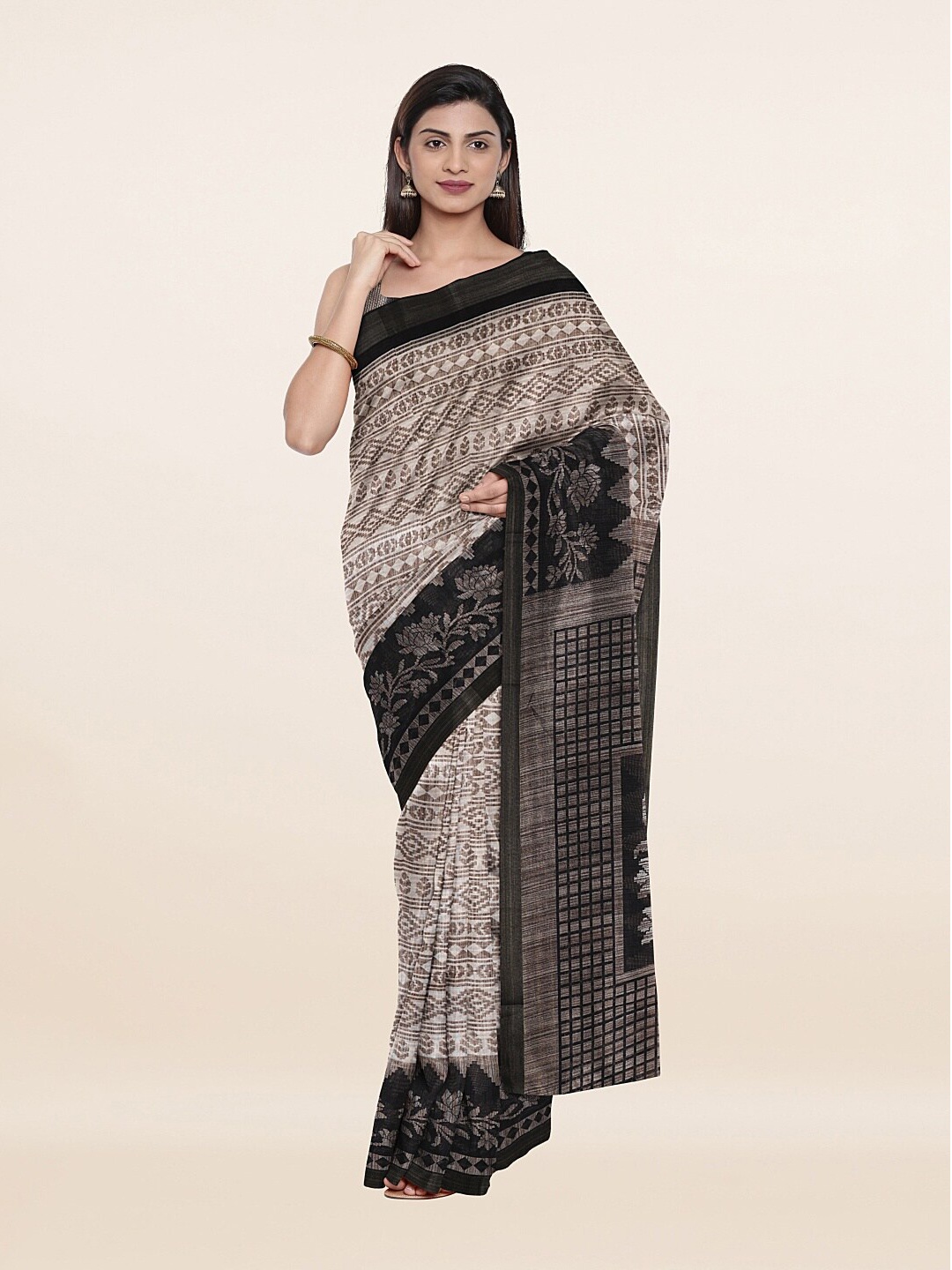 

Pothys Cream-Coloured & Grey Cotton Blend Floral Saree