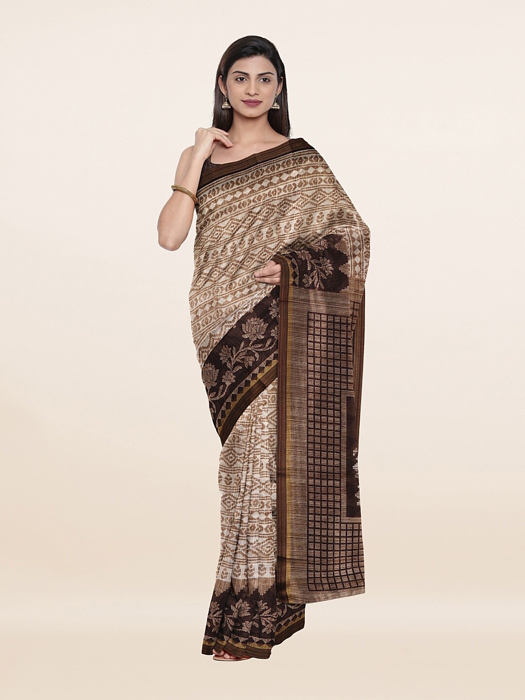 

Pothys Cream-Coloured & Brown Cotton Blend Printed Saree