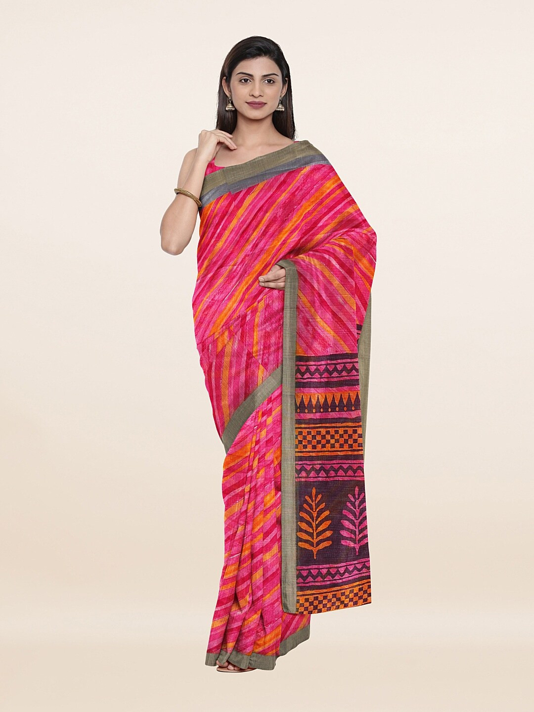 

Pothys Pink & Silver-Toned Floral Zari Saree