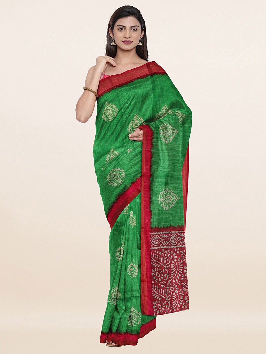 

Pothys Green & Red Floral Printed Zari Saree