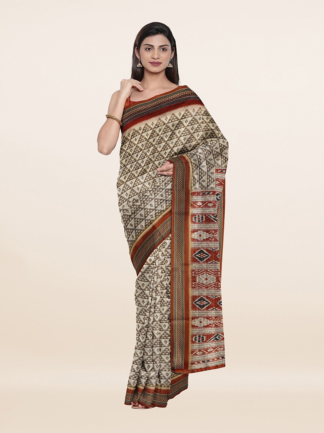 

Pothys Cream-Coloured & Gold-Toned Printed Zari Saree