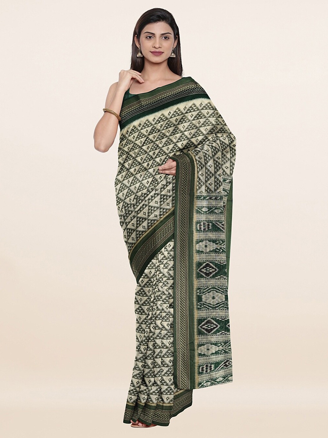 

Pothys Cream & Green Printed Cotton Blend Saree