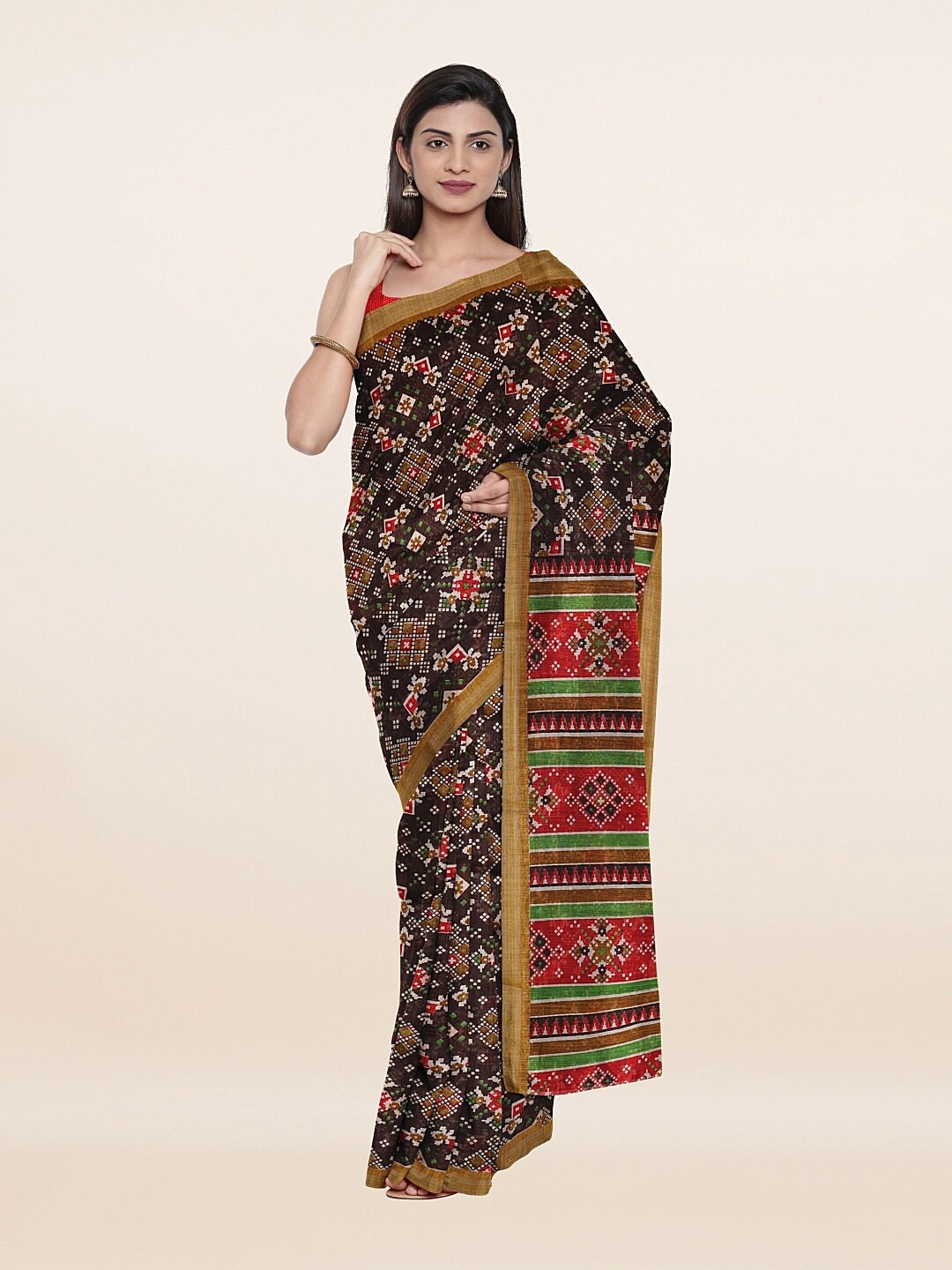 

Pothys Women Brown & Red Geometric Printed Zari Saree