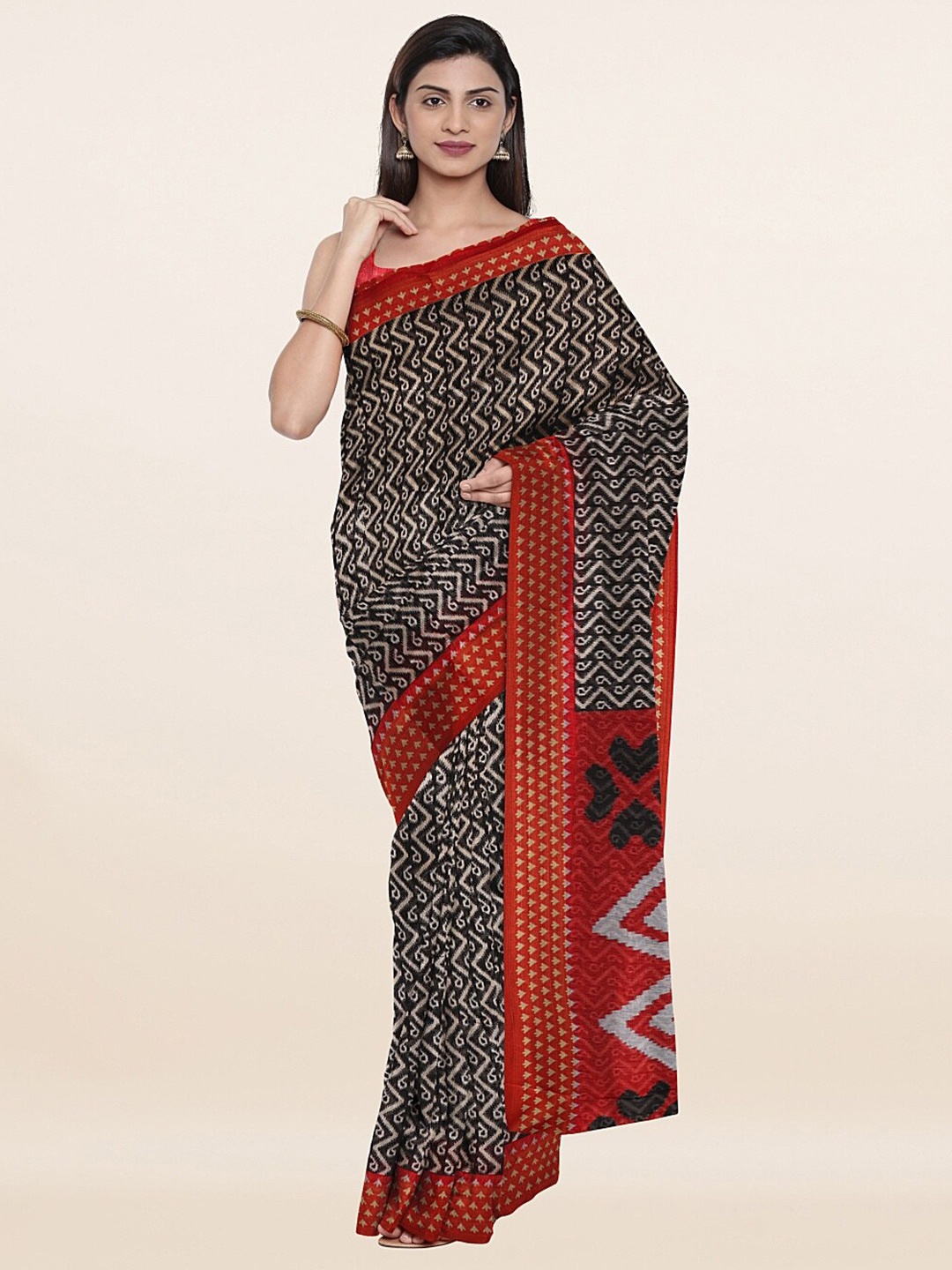 

Pothys Black & Red Printed Cotton Blend Saree