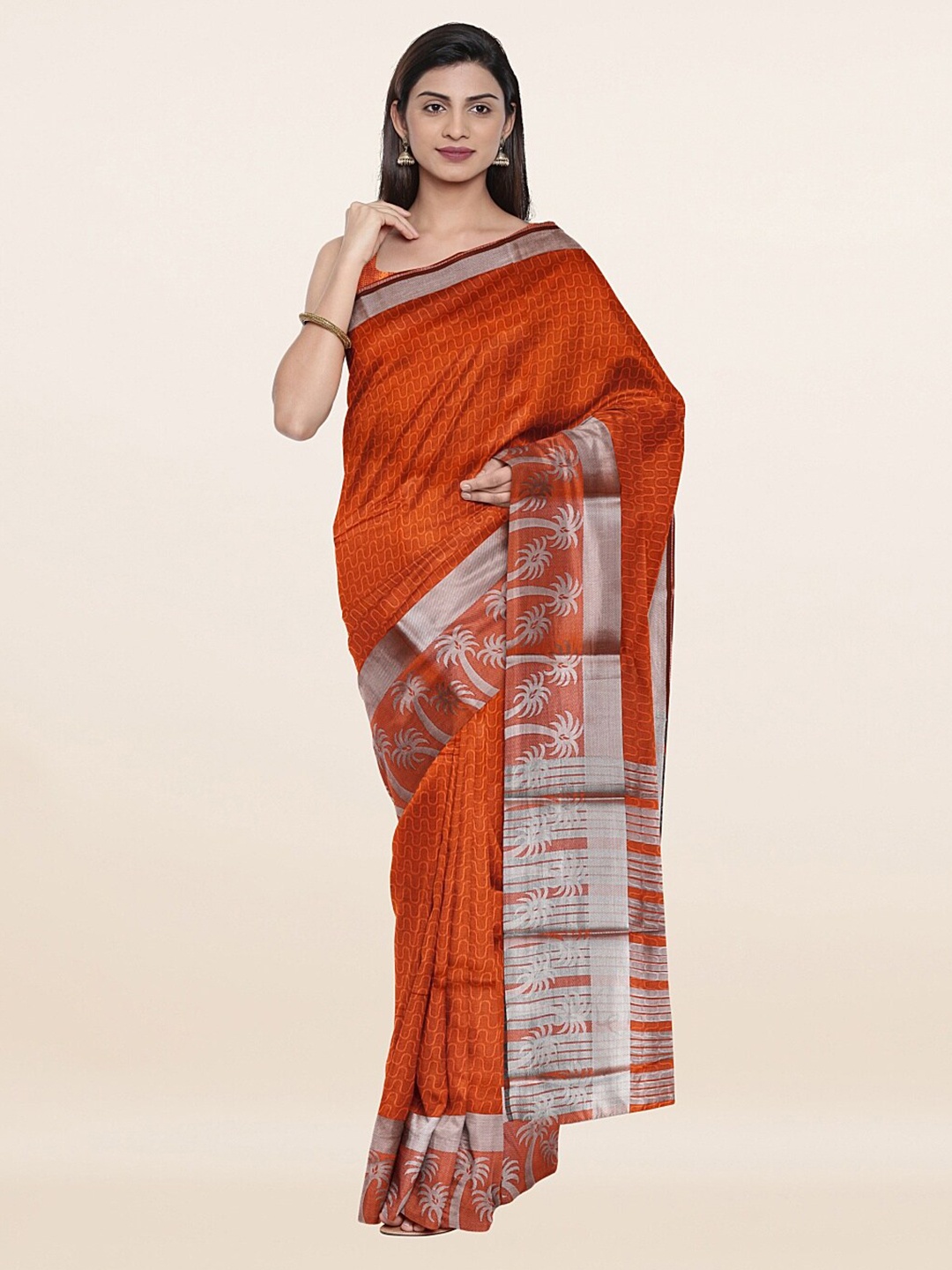 

Pothys Orange & Silver-Toned Woven Design Zari Saree