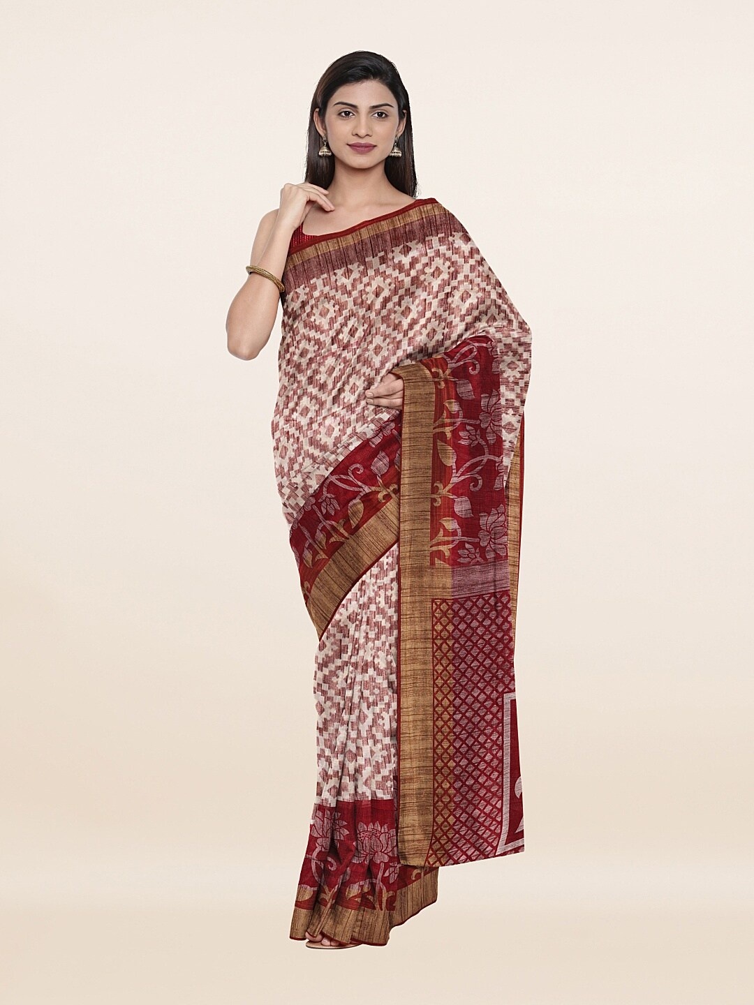 

Pothys Cream-Coloured & Maroon Floral Cotton Blend Zari Saree