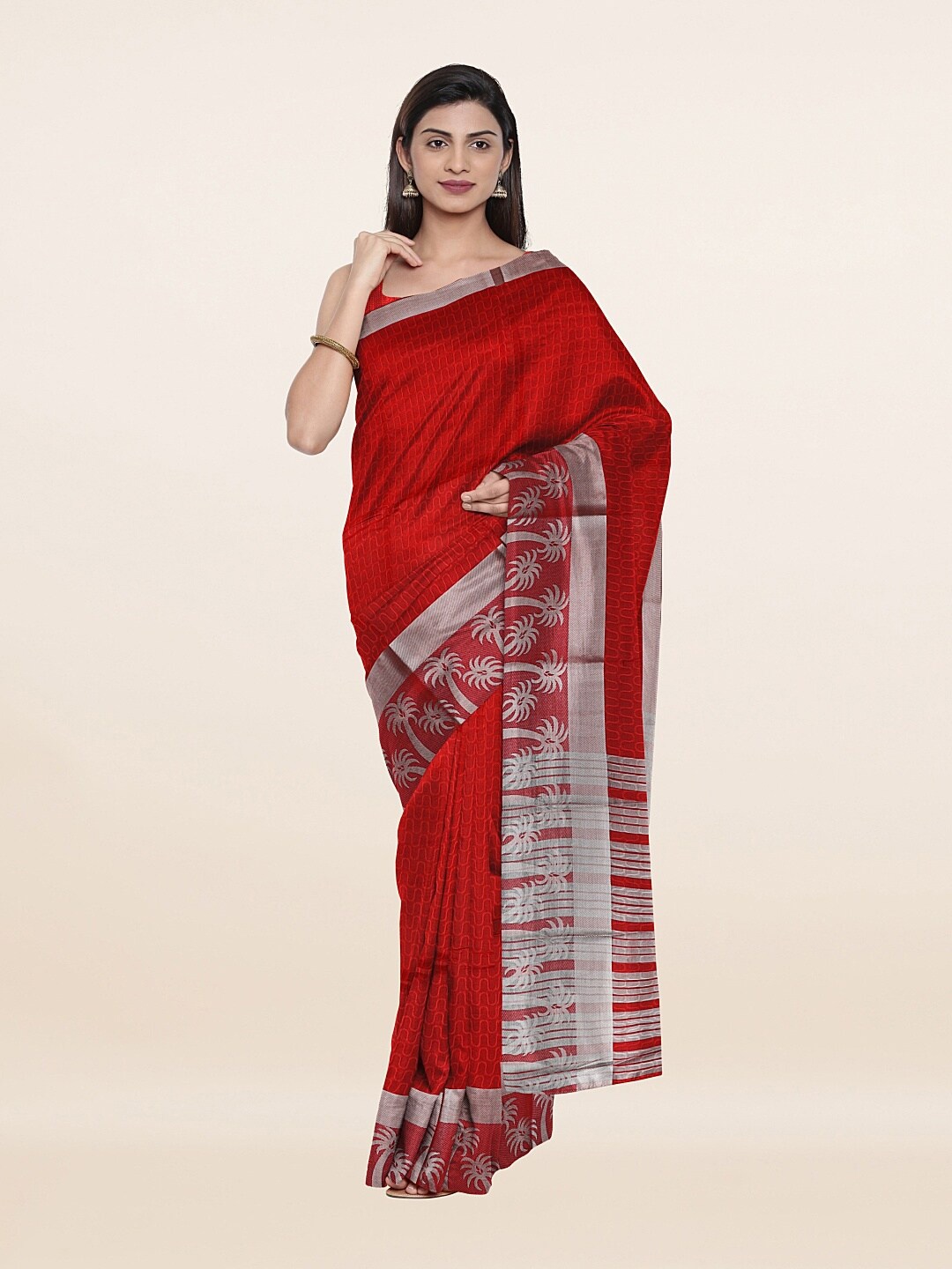 

Pothys Red & Grey Geometric Printed Saree