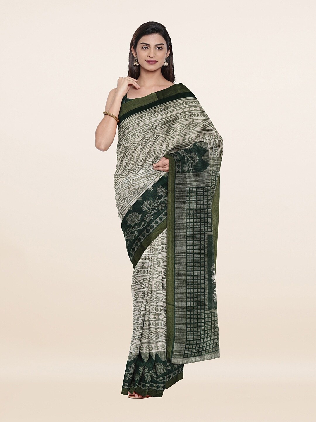 

Pothys Cream-Coloured & Grey Ethnic Motifs Zari Saree