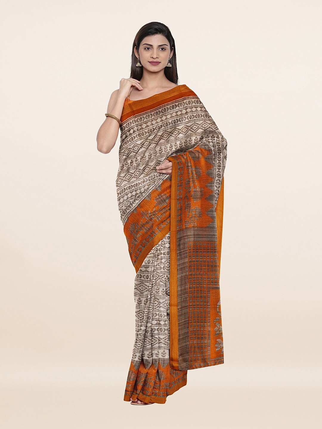

Pothys Women Cream-Coloured & Orange Geometric Cotton Blend Saree