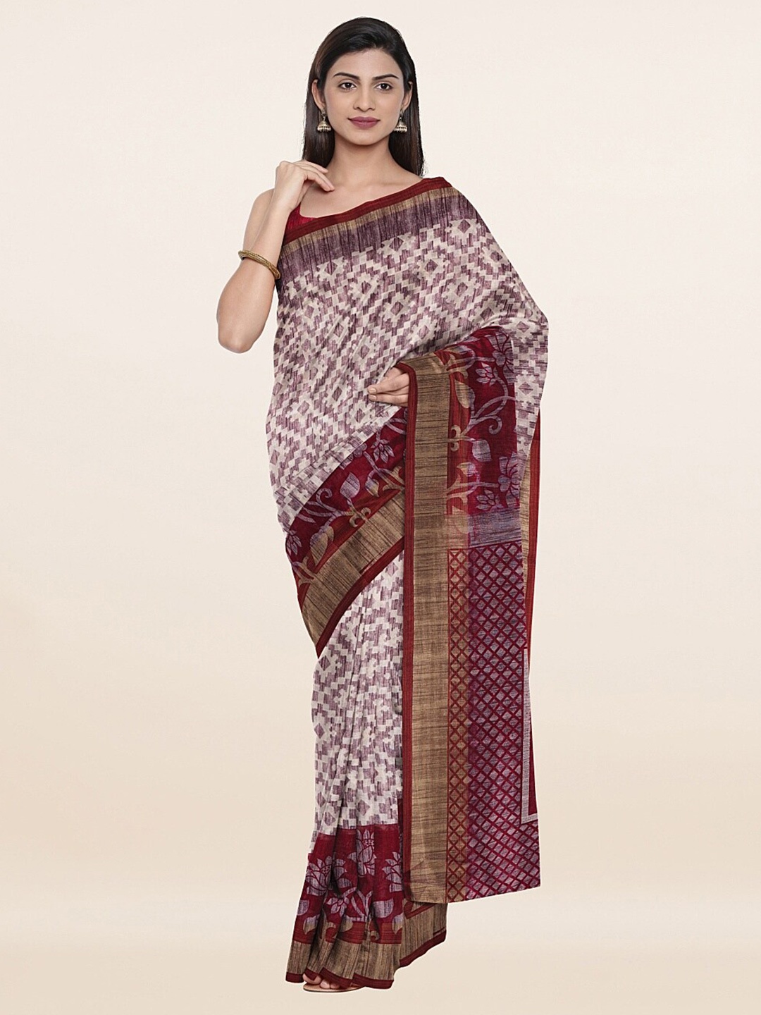 

Pothys Cream-Coloured & Maroon Cotton Blend Floral Saree